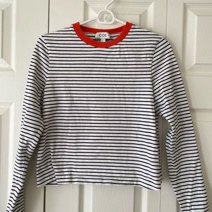 COS Black and White Striped Long Sleeve Tee with Red Collar